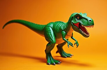 Obraz premium Green plastic dinosaur toy with open mouth stands on bright orange background. Miniature predator ready to pounce, fierce reptilian creature poised for attack. Realistic details for educational play.