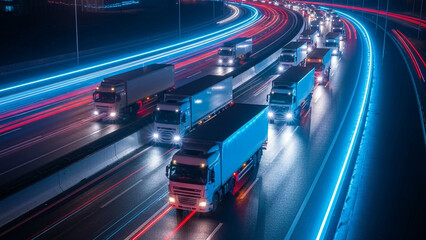Long Exposure of Heavy Truck Traffic on a Modern Highway at Night, Featuring Streaking Lights and Illustrating Efficient Global Logistics and Supply Chain Flow