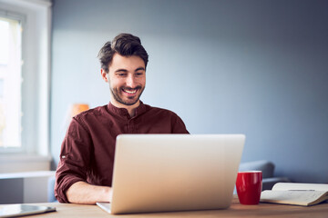 Smiling young man using laptop at home sitting at desk