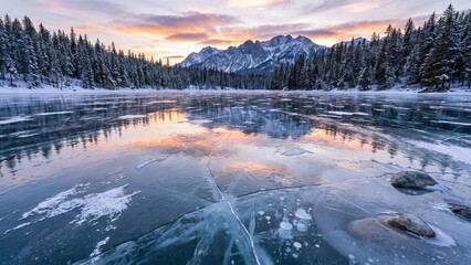 Frozen lake mirrors golden sunset over snow-clad pines and distant rockies, clear blue ice with cracks and bubbles accenting a tranquil, majestic winter landscape