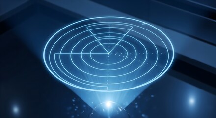 Holographic radar screen projecting a target search grid in blue light, symbolizing security, scanning, digital technology, and futuristic defense systems