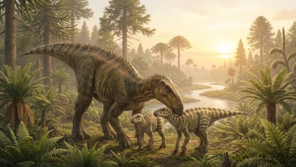 Obraz premium Iguanodon mother shielding her baby in a lush prehistoric jungle at sunrise, highlighting family bonds and protective care amid ferns, trees and morning mist