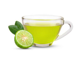 A fragrant and refreshing kaffir lime tea with a clear green color, showcasing a healthy and natural beverage on transparent.