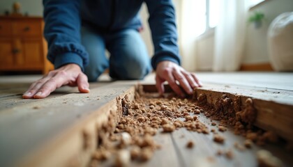 Person kneels near damaged wood floor. Large break crumbly material, showing extensive wood decay. Indoor house issue requires urgent attention, pest control, home structure repair. Urgent house