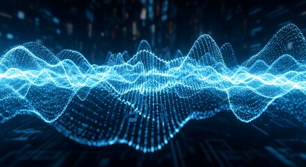 Abstract audio visualizer rendered in three-dimensions, showing a shimmering blue equalizer wave made of glowing particles on a dark digital technology background