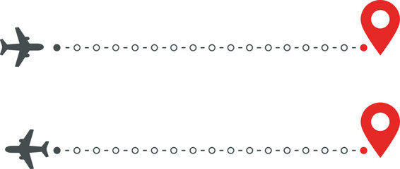 Set of two identical vector illustrations showing an air travel journey from an origin point to a specific global positioning marker.