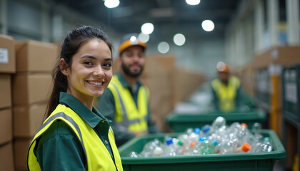 Young smiling woman in safety vest works at recycling plant. Team collects plastic bottles in bins for sorting. Colleagues perform eco friendly job in warehouse, helping global environment. Manage