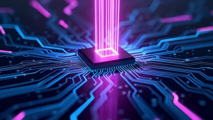 Futuristic neon microchip emitting glowing data beam, advanced digital circuit technology animation, cyber electronic system, high-tech computing power abstract energy flow video - Powered by Adobe