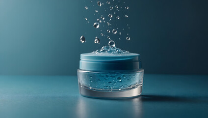 Water droplets falling onto a jar of blue gel moisturizer