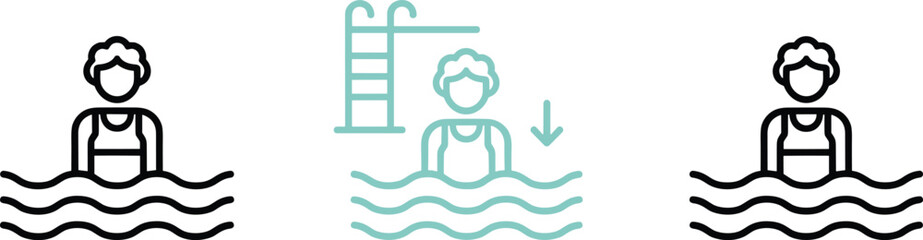 Outline drawing of a person half-submerged in wavy water, with a separate diving board or pool ladder element, suitable for summer graphics.