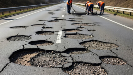 Road maintenance crew actively repairing extensive and dangerous potholes on a severely damaged asphalt highway, addressing critical infrastructure needs and ensuring public safety