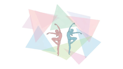 Graceful Duet: Two ballerinas elegantly pirouette amidst a constellation of colorful triangles, symbolizing the fluidity and harmony of dance. © mahmuda428