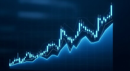 Blue financial stock market chart showing significant growth and uptrend with glowing candlestick bars, symbolizing investment success and positive business data