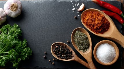 Fresh herbs and spices arranged on a dark slate surface, featuring wooden spoons filled with various seasonings, garlic cloves, and red chili peppers, creating a vibrant culinary scene