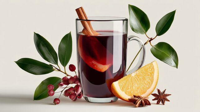 A fresh glass of red wine garnished with a green mint leaf and a cinnamon stick sits isolated on a white background, creating a healthy herbal beverage perfect for a festive Christmas breakfast - Powered by Adobe
