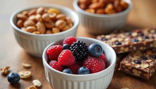 Bowls with mixed berries almonds and granola bars on wooden table. Fresh fruits and nuts are healthy snacks for energy and fitness. Diet food concept. - Powered by Adobe