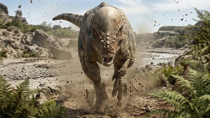 Pachycephalosaurus runs aggressively forward in a prehistoric valley, spitting saliva and kicking up dust and debris, portraying ancient wildlife and danger