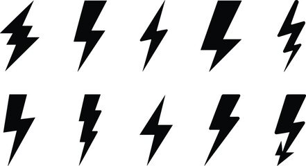 Lightning bolt icon set, electricity symbols, power energy flash, thunder strike shapes, black silhouette bolts, electric charge, vector illustration for design use