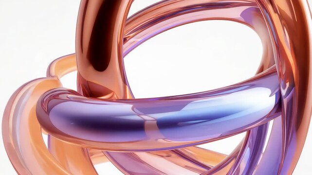 Intertwined glossy metallic loops in warm copper and cool violet tones forming smooth abstract sculpture with reflective surfaces and elegant depth