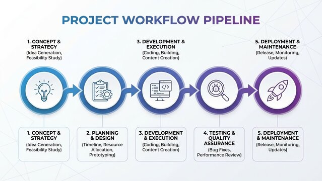 Project workflow pipeline illustrating key steps from concept and strategy through planning, development, testing, and final deployment and maintenance