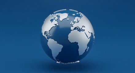 Minimalist 3D globe model featuring silver continents on a deep blue background, ideal for concepts of global business, communication, and modern technology