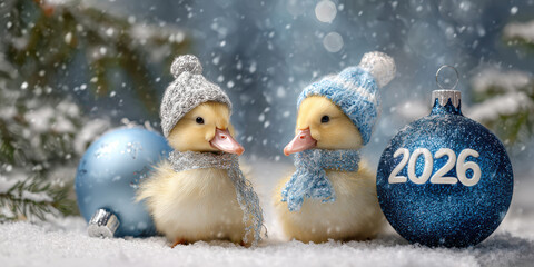 Adorable ducklings dressed in cozy blue hats and scarves standing in snow beside sparkling ornament reading 2026, blending festive joy and soft winter beauty. Happy new year, changing of year.
