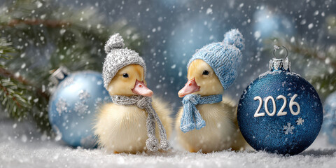 Pair of ducklings wearing knitted winter scarves and hats beatween Christmas ornament labeled 2026, symbolizing friendship, celebration, and peaceful holiday spirit. Happy new year card. 