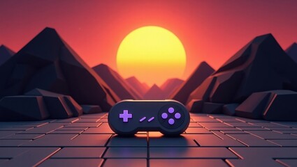 Retro futuristic sunset gaming controller landscape