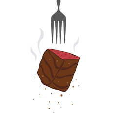 Grilled Meat on Fork Vector Illustration. Flat design vector of grilled steak on a fork with steam and seasoning. Delicious BBQ beef or pork concept isolated on a white background.