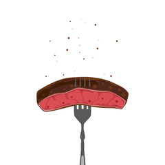 Grilled Meat on Fork Vector Illustration. Flat design vector of grilled steak on a fork with steam and seasoning. Delicious BBQ beef or pork concept isolated on a white background.