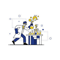 Scientist performing a chemistry experiment in a laboratory, holding a bubbling flask, research innovation