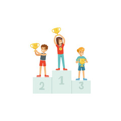 Smiling children celebrating victory on winner's podium, holding golden trophies, success concept