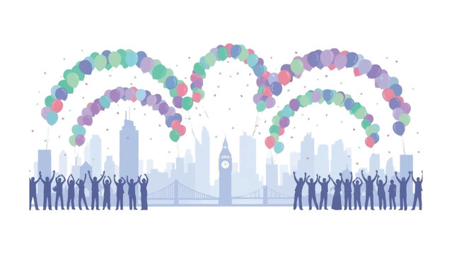 Celebratory skyline: Festive balloons paint the sky above a silhouetted cityscape, where figures stand in unison to revel in the moment, creating a visual symphony of joy and celebration. 