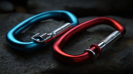Two colorful carabiners lying on a textured rock surface, a perfect shot for climbing and outdoor activities.