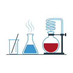 Scientific chemistry laboratory glassware illustration, experiment setup with flasks, beaker, and condenser
