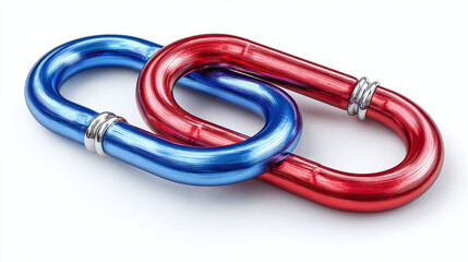 Two metallic chain links, one red and one blue, are interlocked, symbolizing unity and connection. The links have a shiny surface, and they are positioned against a bright backdrop