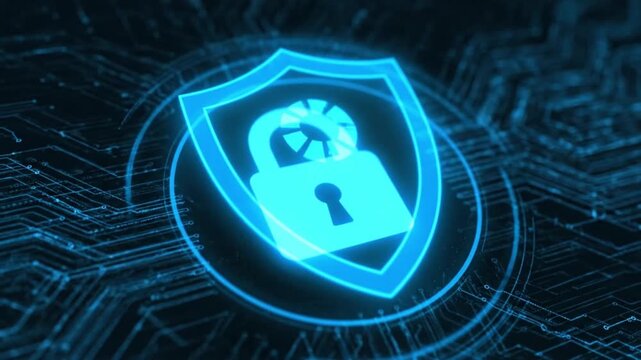 Futuristic Digital Cyber Security Shield and Padlock Animation on Circuit Board Background