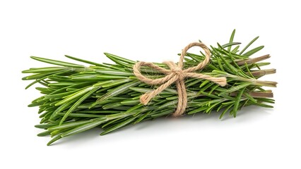 Fresh Rosemary Bundle Tied with Twine on White Background.