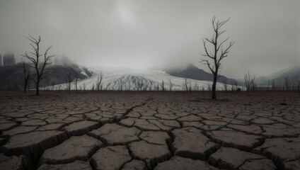 Barren Landscape with Cracked Earth and Dead Trees Under a Gloomy Sky.