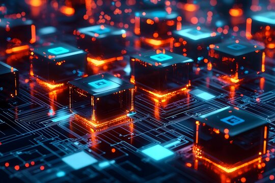 Neon digital cubes powering futuristic network high resolution picture