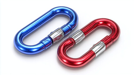 Two colorful carabiners, one red and one blue, ready for action. These sturdy tools are essential for climbing and outdoor activities.