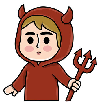 Cute kid in red devil costume holding a pitchfork cartoon