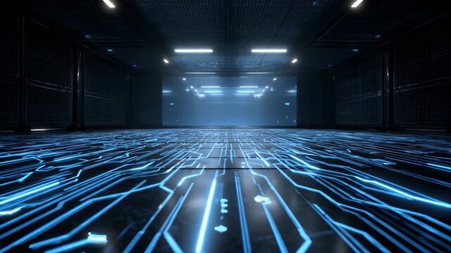 Futuristic digital circuit corridor