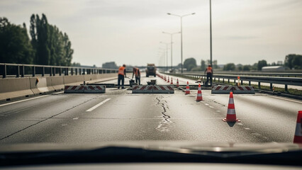 Essential highway repair work in progress with construction crew ensuring infrastructure maintenance on a busy multi-lane road, marked by safety cones and barriers