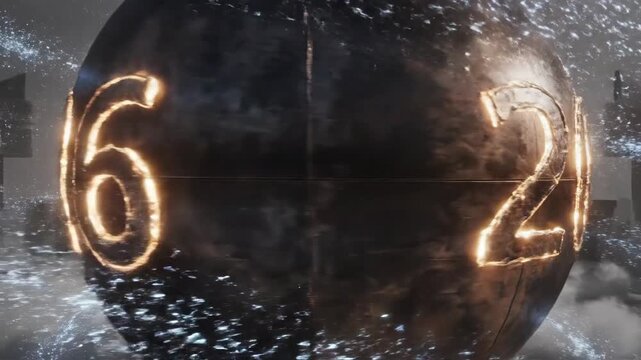 Glowing metallic sphere with burning numeric countdown surrounded by sparks.
