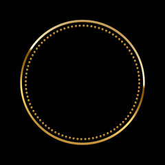 Golden, silver, bronze circle frames on black. Metallic round borders with dotted edge and smooth glossy reflection. Elegant minimal design for badge, button, or emblem. Luxury vector illustration