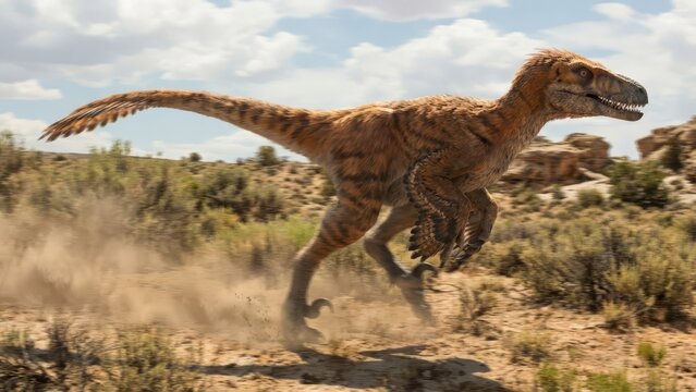 Velociraptor, a feathered predatory dinosaur, races through a arid scrubland, kicking up dust while hunting in a vibrant representation of prehistoric wildlife and extinct species