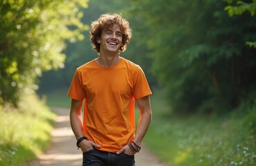 Fototapeta premium Young man with curly hair smiles walking on path through green park. He wears orange t shirt, dark pants. Casual outdoor scene, nature background, bright daytime light. He looks confident and happy.