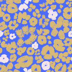 Seamless abstract floral pattern featuring bold hand-painted textured shapes in light pink and yellow on a vivid blue background. Ideal for textile prints, packaging, wallpapers, fabric design