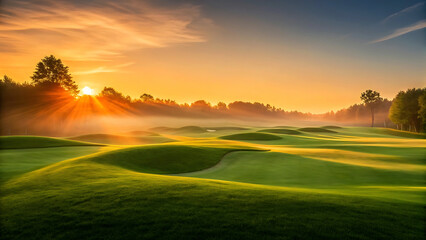 Beautiful golf course at sunrise with mist and golden light illuminating landscape